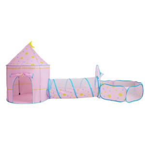 En rosa tipi för flickor med söta flerfärgade tryck på toppen. Det innehåller ett slott, en tunnel och en bollpool.