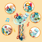 bilder av det blå Montessori-spelet för tänder i bubblor, mot en orange bakgrund