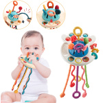 foto av en bebis som tuggar på montessori-leksaken, med bilder av produkten i bubblor