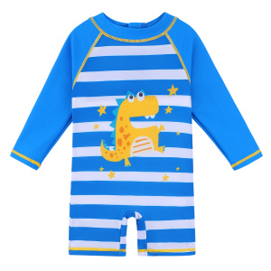 baddräkt för liten pojke, jumpsuit, blå med vita ränder och en liten gul dinosaurie ritad på framsidan