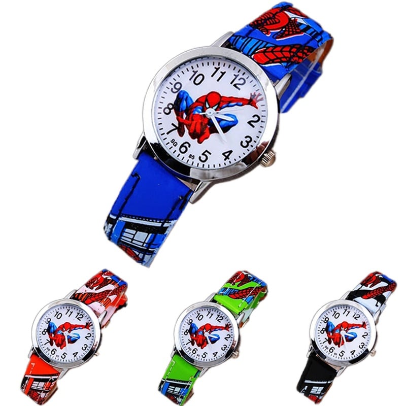 SpiderMan-klocka med läderarmband, blå, orange och svart modell