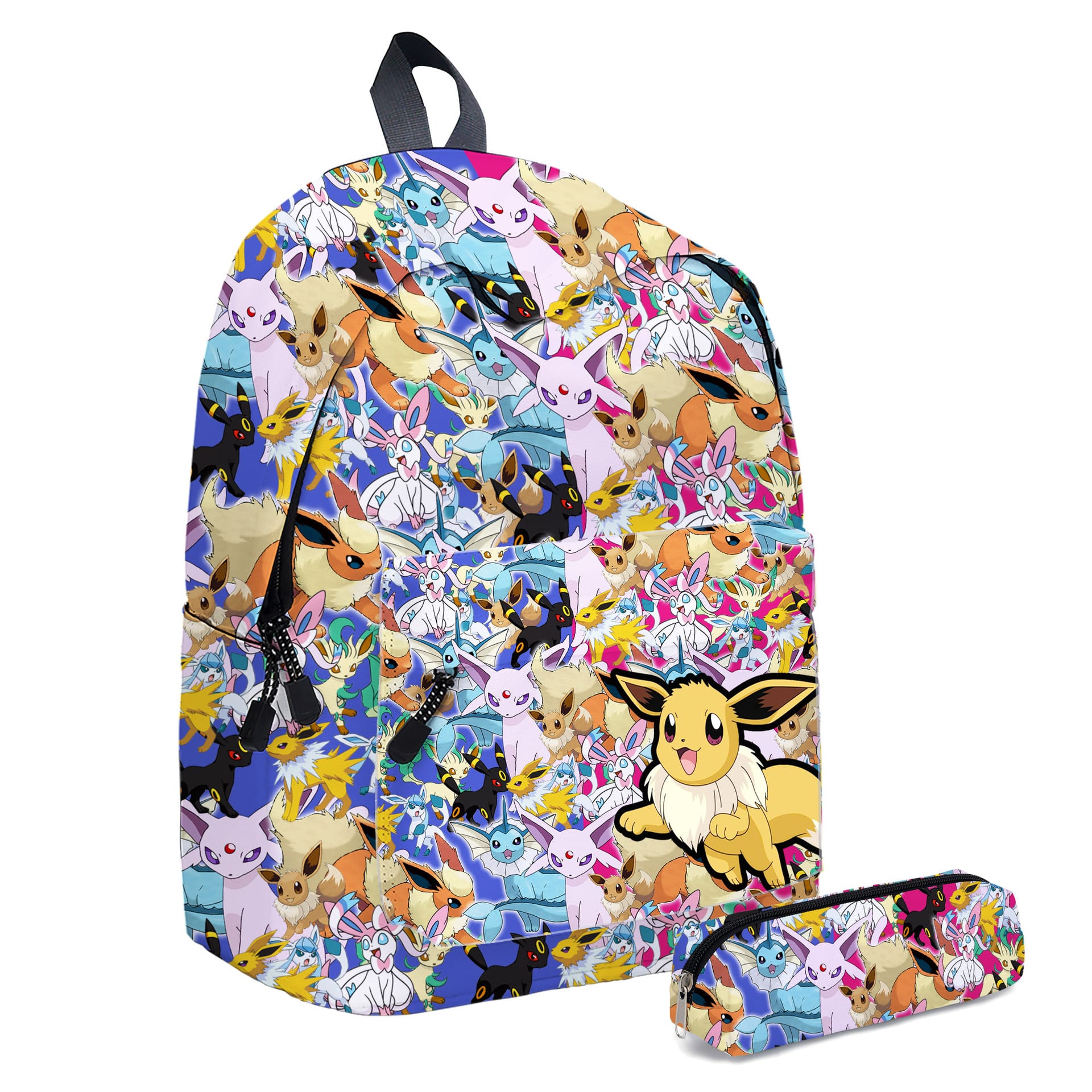 Mångfärgad Pokémon-ryggsäck och matchande fodral mot en vit bakgrund