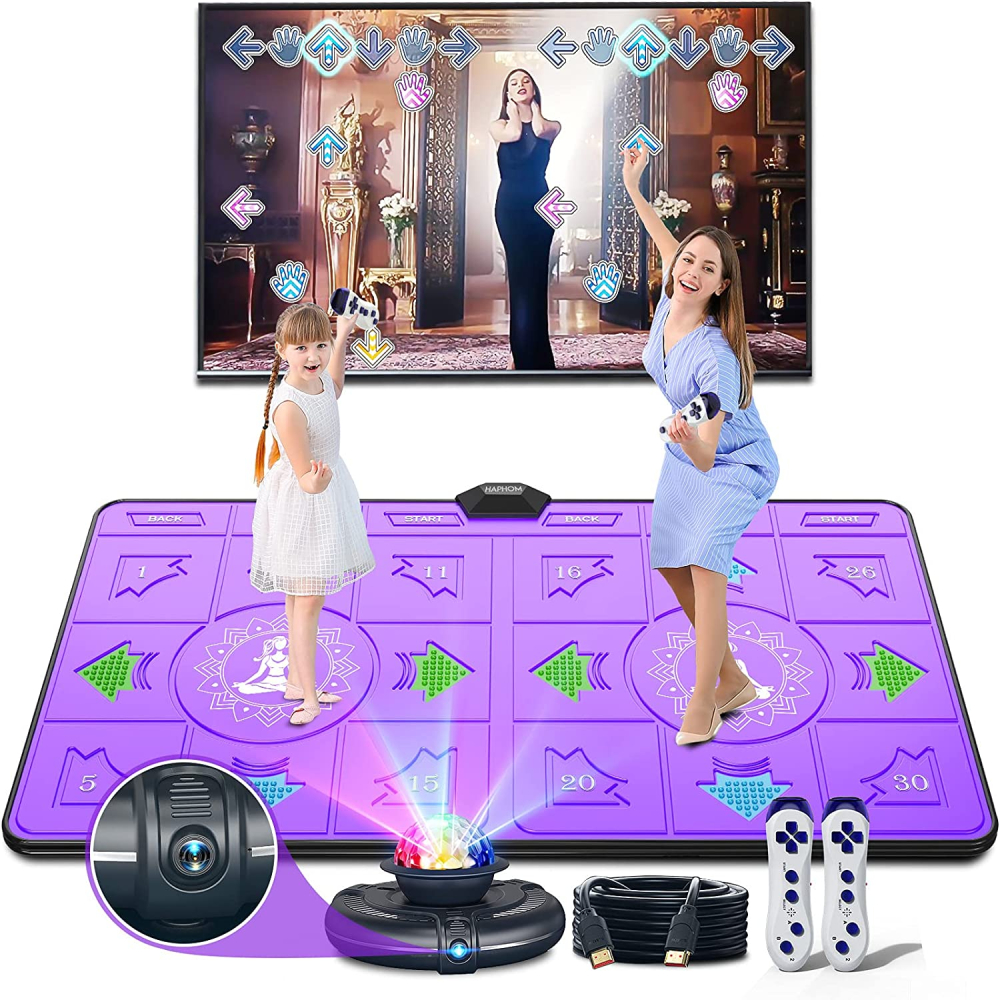 Dansmatta med två trådlösa joysticks för barn mot en vit bakgrund
