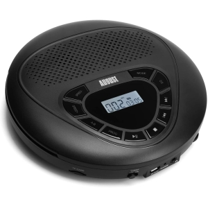 CD-spelare med svart högtalare mot vit bakgrund