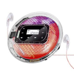 Transparent CD-spelare med en röd och lila CD-skiva inuti, och hörlurar