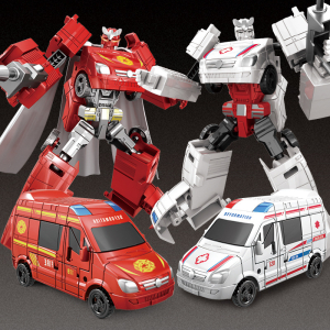 2 röda och vita leksaksräddningsbilar och side-by-side-robotar