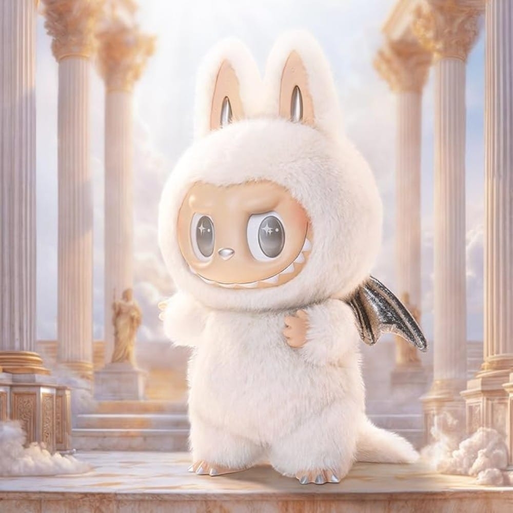 Vit Labubu-plysch med kaninöron, silverfärgade drakvingar och stora glänsande ögon, stående mot en ljus himmelsblå bakgrund.