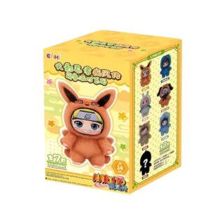 Mystery box Naruto i Labubu-stil. Lådan är gul med Naruto i en orange plyschdräkt på framsidan. Mot vit bakgrund.