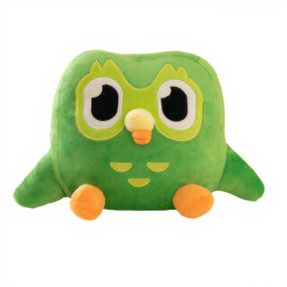 Peluche Duolingo Duo, hibou vert en tissu ultra-doux, 30x20 cm sur fond blanc.