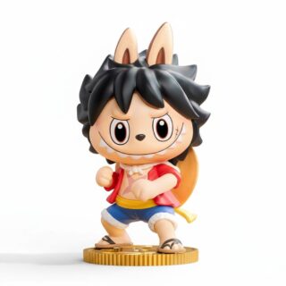 Kawaii figur inspirerad av One Piece i Labubu stil på vit bakgrund