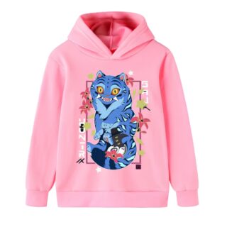 Kpop Demon Hunters Derpy den blå tigern rosa hoodie. Motivet av den blå tigern finns framtill omgiven av en blomram. På vit bakgrund.