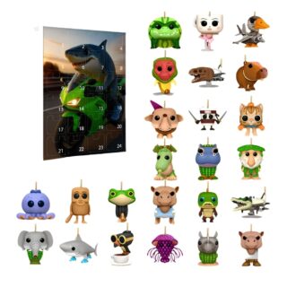 Adventskalender Italian Brainrot med hajkaraktären på en grön motorcykel. 24 karaktärer på resten av bilden på vit bakgrund.