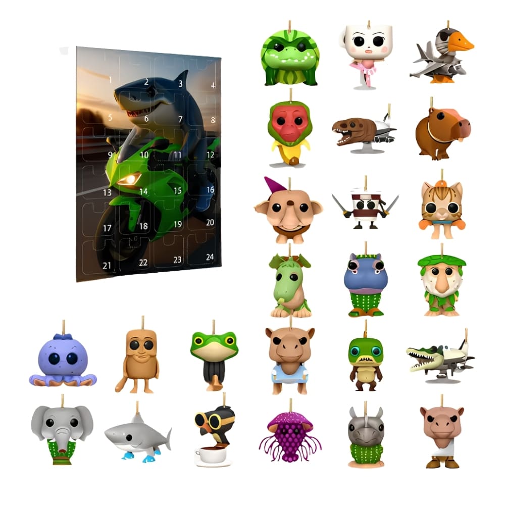 Adventskalender Italian Brainrot med hajkaraktären på en grön motorcykel. 24 karaktärer på resten av bilden på vit bakgrund.