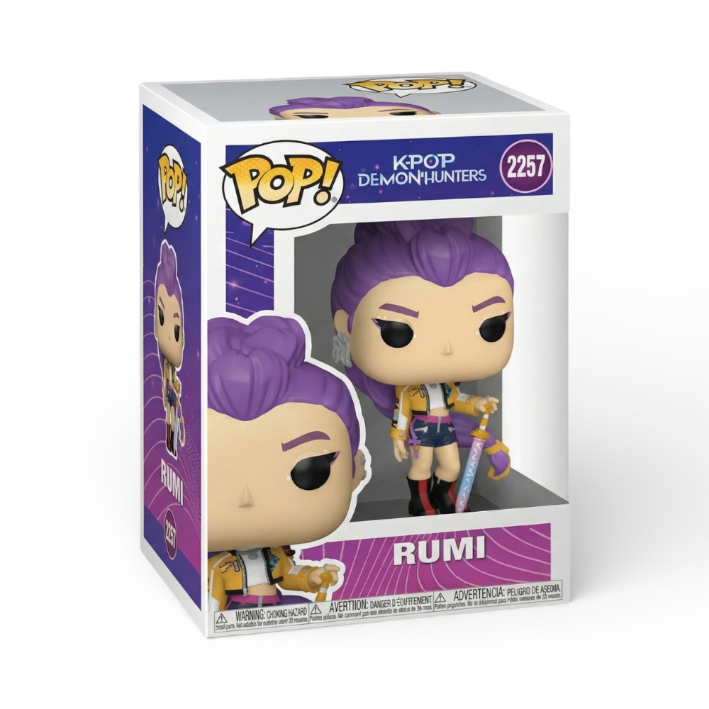 Figurine Kpop Demon Hunter Rumi Leader Courageuse dans sa boîte transparente POP numéro 2257, cheveux violets et épée visible