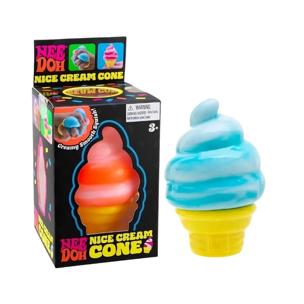 IMG_squishy_needoh_cornet_glace_jouet_anti_stress_sensoriel_enfant1.jpg Boite noire packaging Needoh avec à l'intérieur un cornet de glace orange. À côté de la boite on a un cornet de glace de couleur bleu.